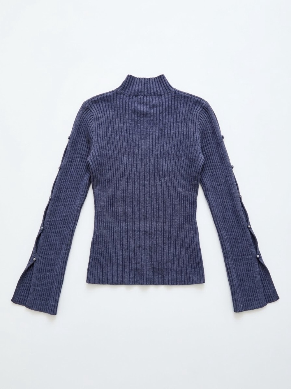 White House Black Market Button-Sleeve Ribbed Mock Neck Sweater in Navy